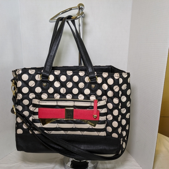 Betsey Johnson Handbags - Betsey Johnson Black and White Polka Dot Tote with Red Bow Accent